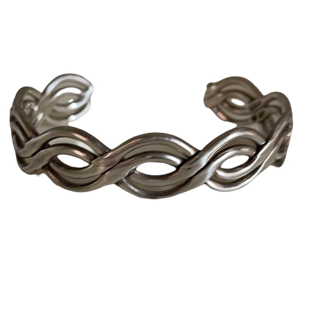 Modernist Sterling Silver Cuff Bracelet, 925 Mexican Woven Curvy Cuff - Picture 2 of 8